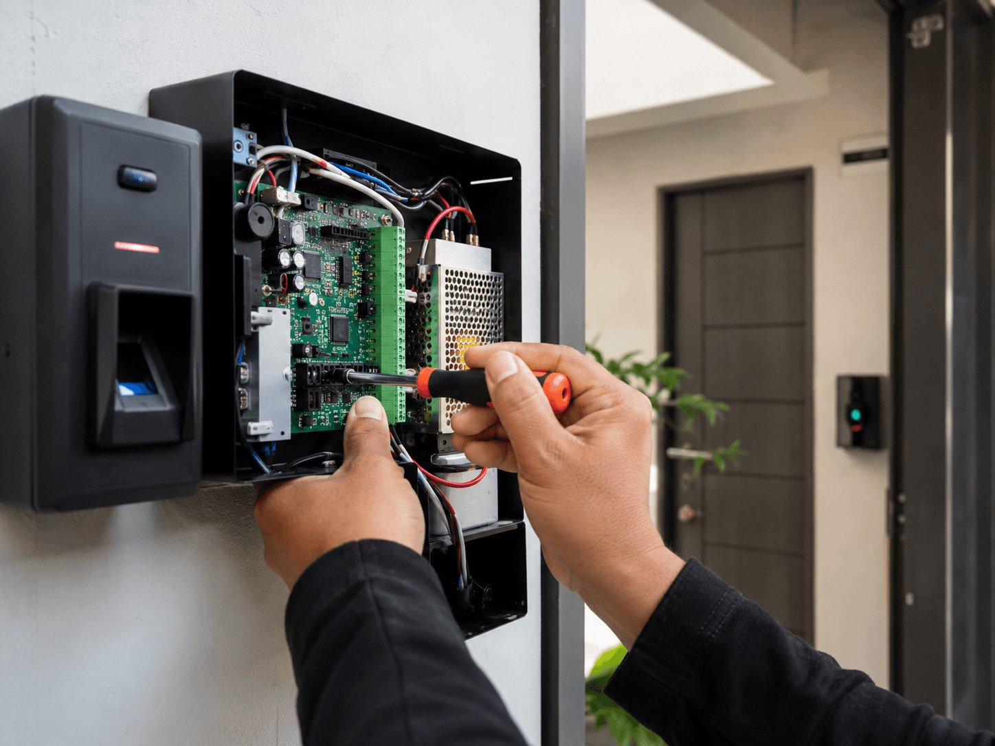 técnico realizando manutenção em sistema de segurança eletrônica